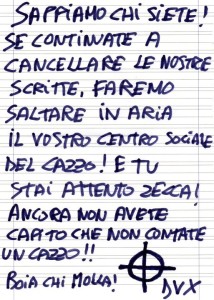 Rivendicata lettera minatoria al centro sociale Cimarelli. Condanna da La Destra, Forza Nuova e CasaPound